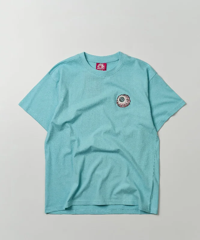 T-Shirts for Podcast Listeners -  Women's Feather Detail T-Shirts-Mishka Eyeball Embroidered Short Sleeve Tee - Light Blue