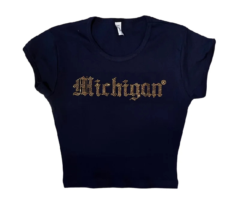 T-Shirts for Vegans -  Women's Mesh T-Shirts-Michigan Rhinestone Freshman Tee