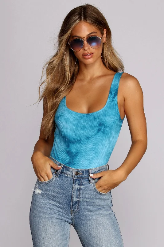 T-Shirts for Skateboarders -  Women's Raw Edge T-Shirts-Trippy Tie-Dye Ribbed Bodysuit