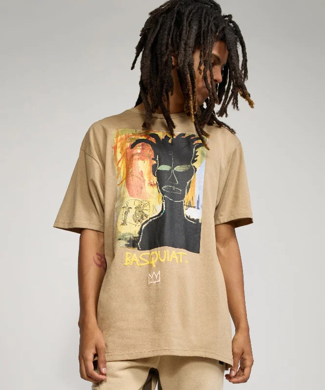 Women's Loose Fit T-Shirts-Basquiat Self Portrait Short Sleeve Tee - Khaki