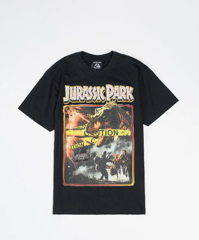 T-Shirts for Bikers -  Women's Tie Neck T-Shirts-Jurassic Park Cover Short Sleeve Tee - Black