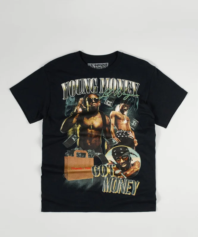 T-Shirts for Snowboarders -  Women's Studded T-Shirts-Lil Wayne Young Money Got Money Short Sleeve Tee - Black