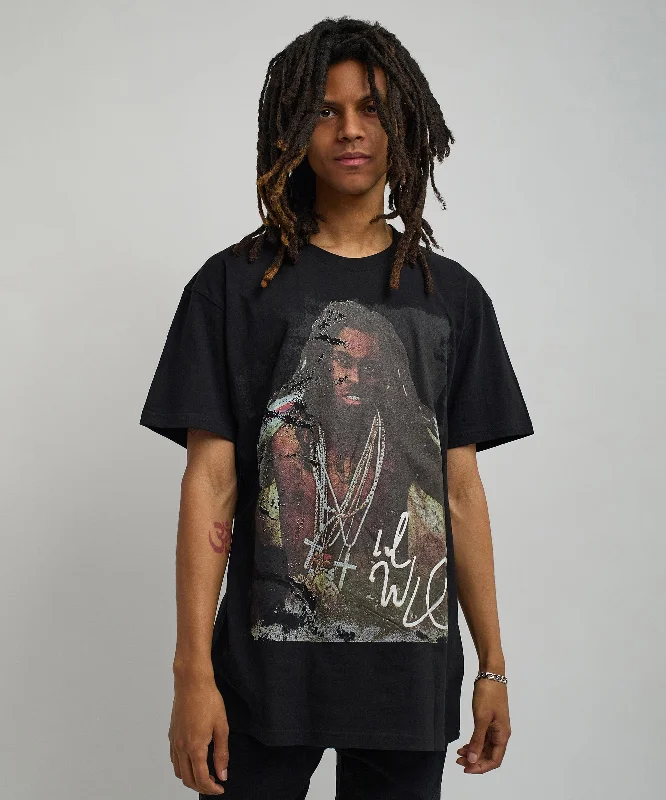 T-Shirts for Sprinters -  Women's Split Hem T-Shirts-Lil Wayne Portrait Short Sleeve Tee - Black