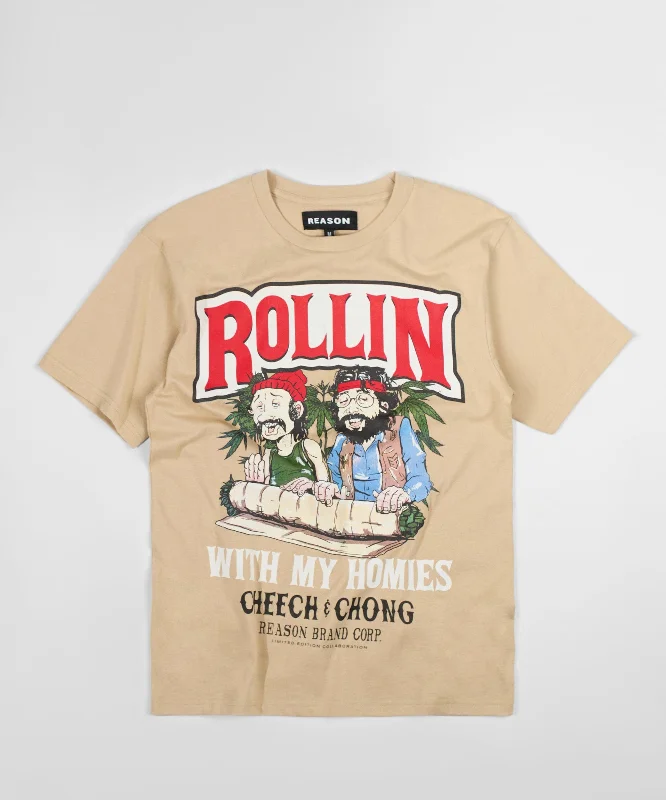 T-Shirts for Teenagers -  Women's Glitter T-Shirts-Cheech & Chong Keep Rollin Short Sleeve Tee - Khaki