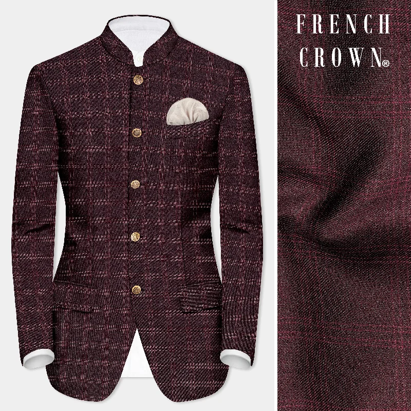 Coffee Date Blazer-Women's Structured Fit Blazers-Russett Maroon Plaid Wool Rich Bandhgala Blazer