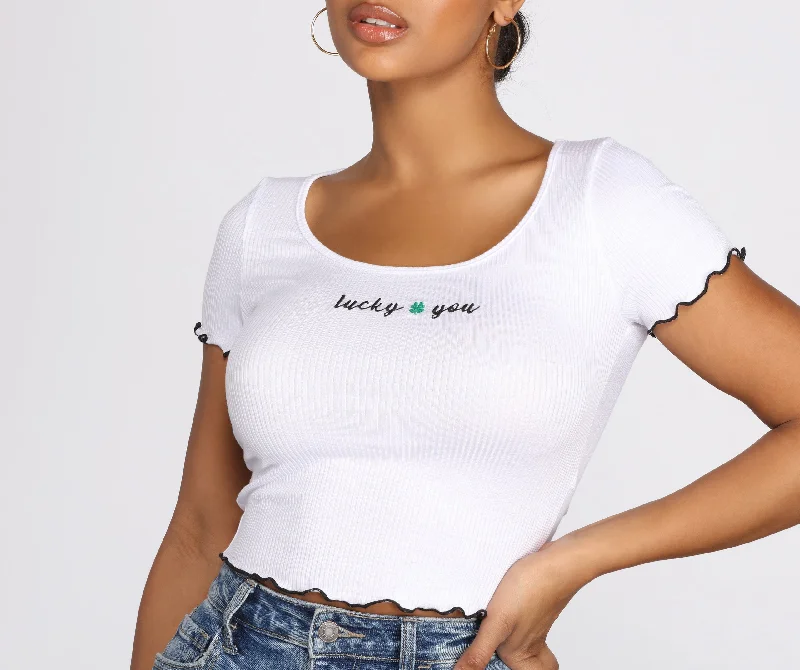 T-Shirts for Hiking -  Women's Girlfriend T-Shirts-Lucky You Knit Cropped Top