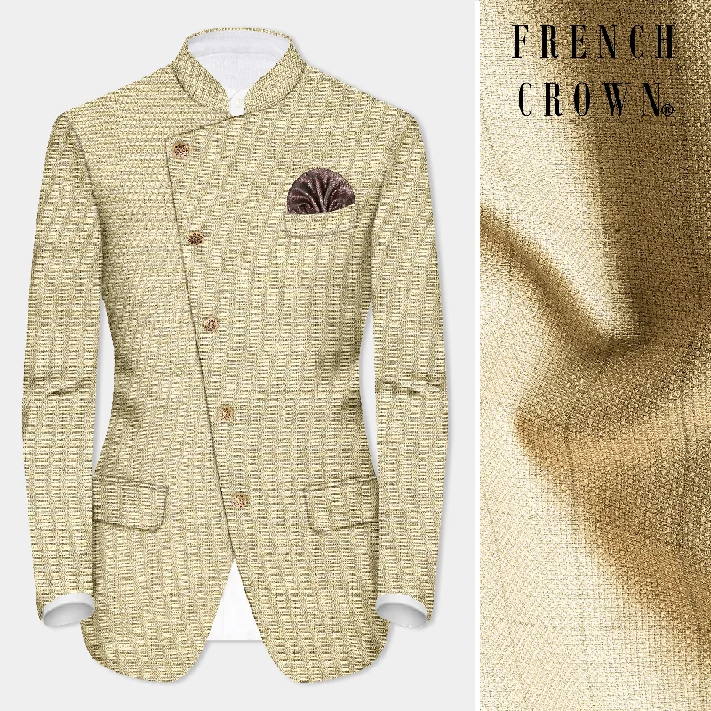 Safari Blazer-Women's Travel-Ready Blazers-Pavlova Brown with Taupe Brown Checkered Dobby Wool Rich Cross Placket Bandhgala Blazer