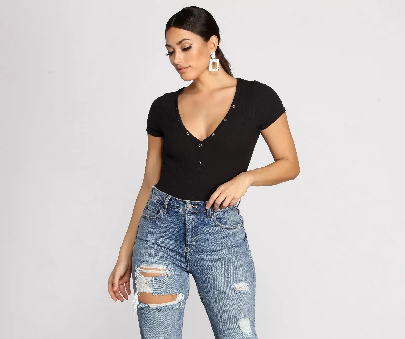 T-Shirts for DJs -  Women's Boho T-Shirts-Basic Vibes Ribbed Henley Bodysuit