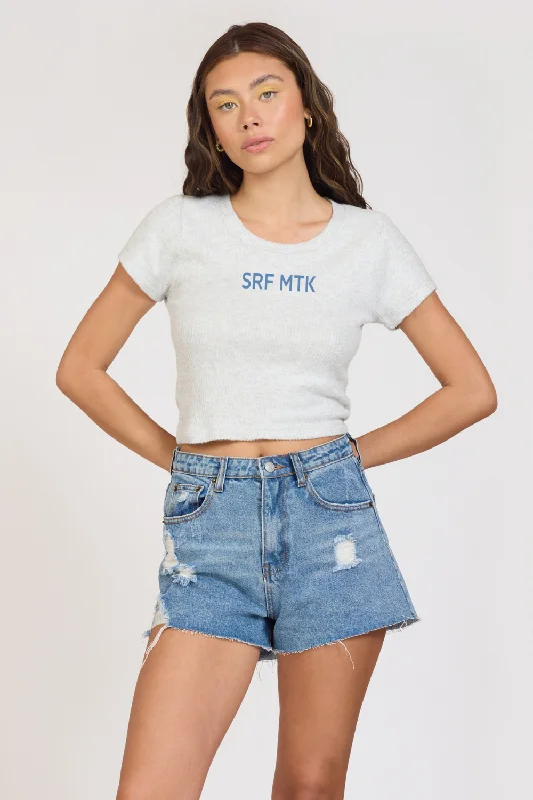 T-Shirts for Conspiracy Theorists -  Women's Slogan T-Shirts-"Surf MTK" Harbor Grey Rib Hacci Cropped Tee