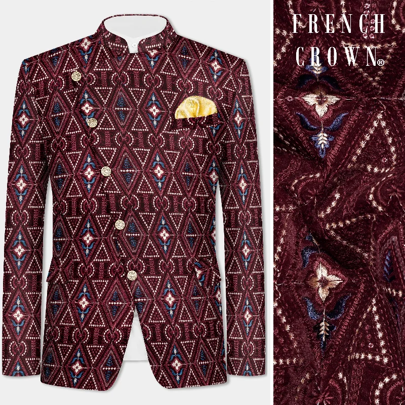 Urban Blazer-Women's Vacation Blazers-Castro Maroon Geometric Thread and Sequin Embroidered Cross Placket Bandhgala Jodhpuri