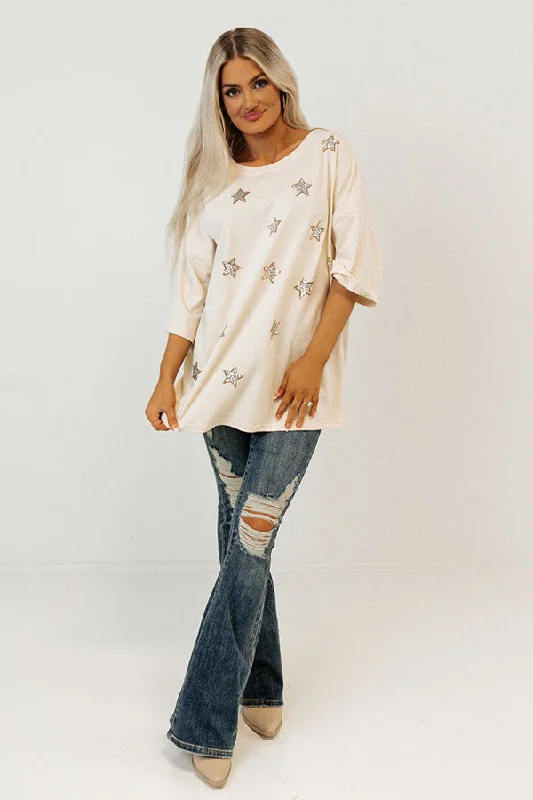 T-Shirts for Maximalists -  Women's Acid Wash T-Shirts-Brightest Star Sequin Oversized Tee in Cream