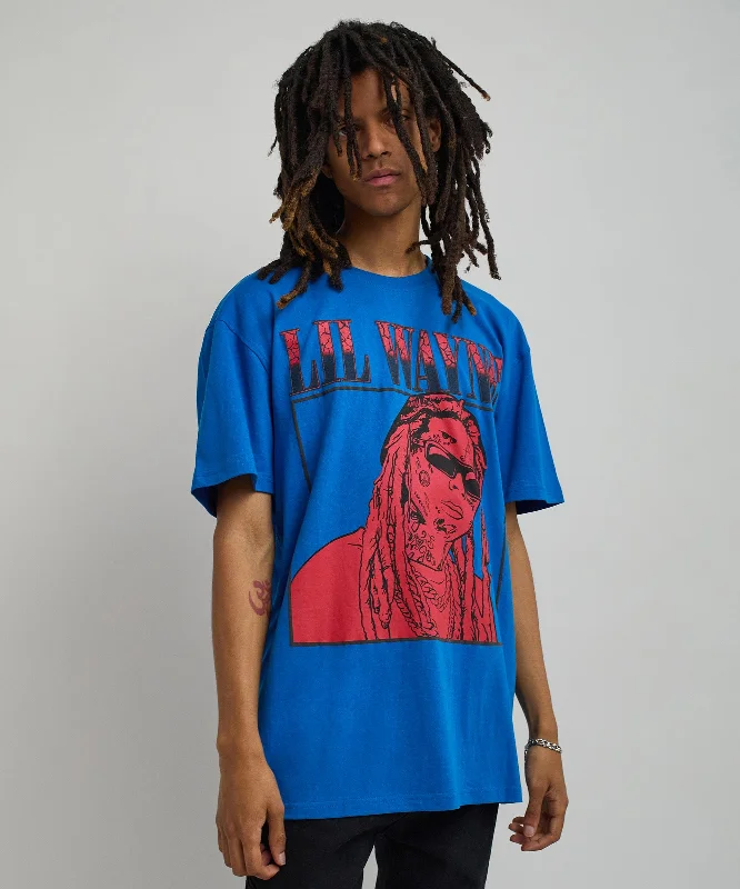 T-Shirts for Skiers -  Women's Subtle Print T-Shirts-Lil Wayne Box Short Sleeve Tee - Blue