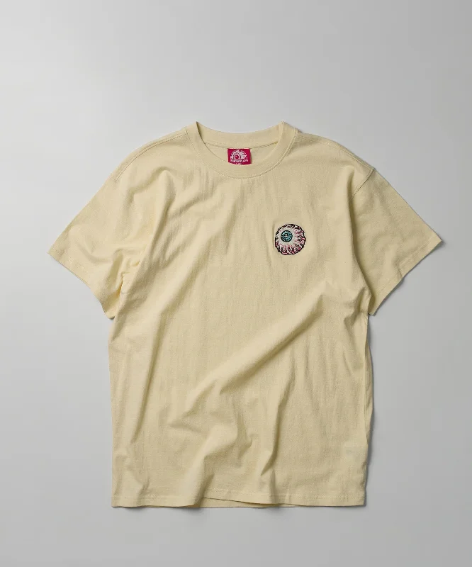 T-Shirts for Audiophiles -  Women's Faux Suede T-Shirts-Mishka Embroidered Eyeball Short Sleeve Tee - Sand