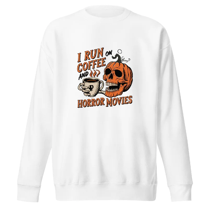 Sweatshirts trendy knitwear-Women's Sleep Sweatshirts-I Run on Coffee an Horror  Movie Unisex Premium Halloween Sweatshirt