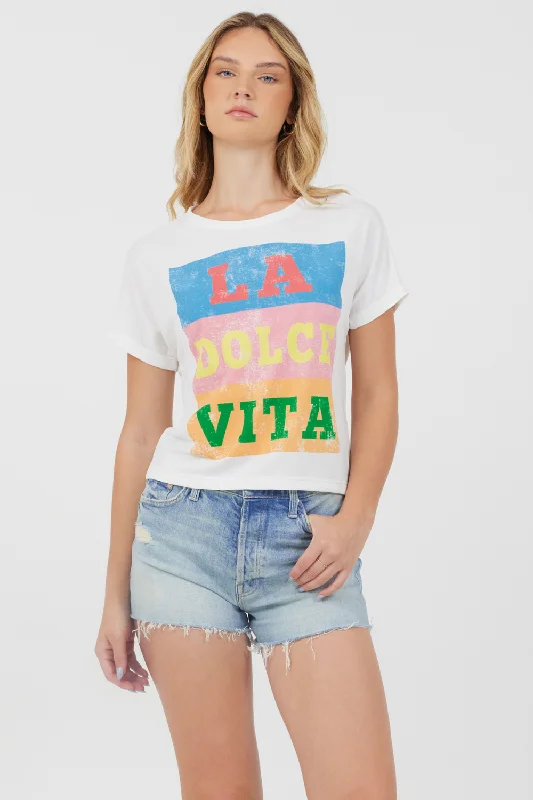 T-Shirts for Flat Earthers -  Women's Slouchy T-Shirts-La Dolce Vita White Destination Printed Tee