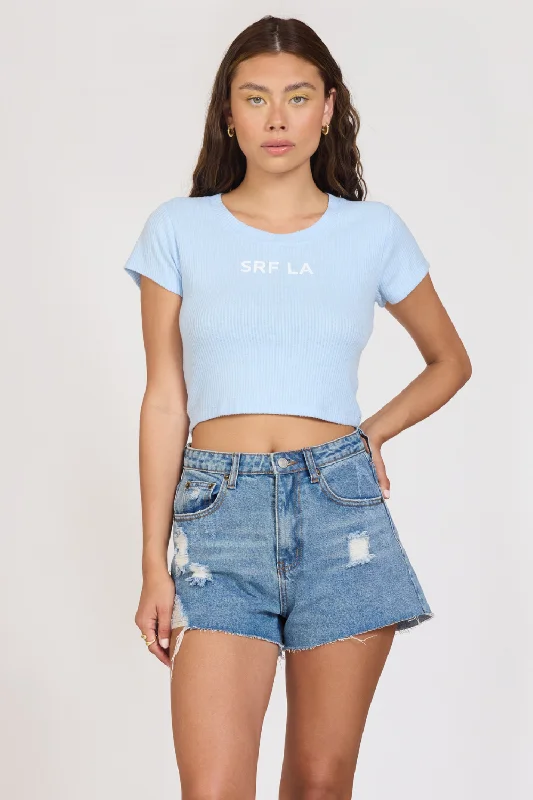 T-Shirts for Elon Musk Fans -  Women's Soft T-Shirts-"Surf LA" Surfside Blue Rib Hacci Cropped Tee