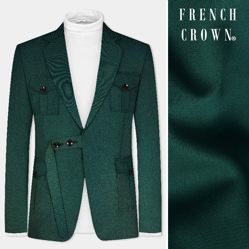 Outdoor Blazer-Women's Spring Blazers-Phthalo Green Solid Cotton Belt Closure Designer Blazer