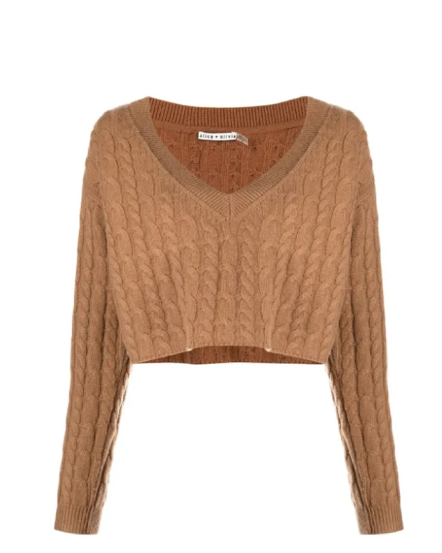 Pullover sweater slim fit-Women's High-Waisted Ruffle Pullovers-Ayden V-Neck Cable Knit Pullover Cropped Top Sweater In Camel