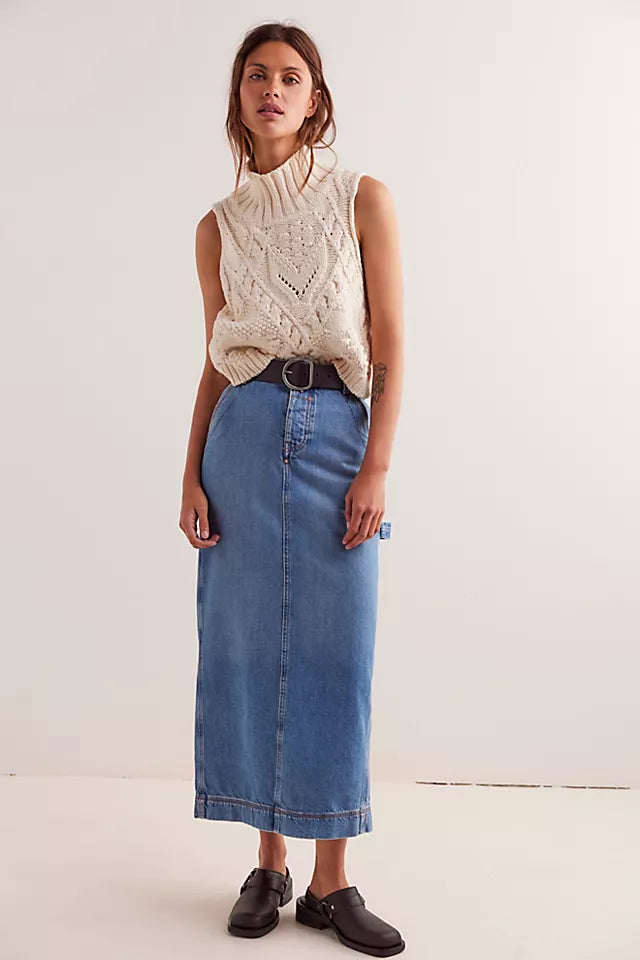 Delicate Skirts-Women's Button-Front Denim Skirts-Free People Francisco Denim Maxi