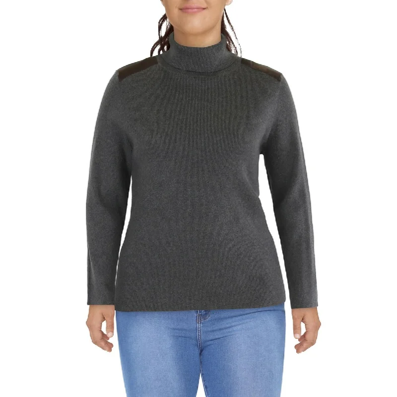 Pullover sweater gift ideas-Women's Metallic Floral Pullovers-Plus Womens Faux Leather Trim Long Sleeves Turtleneck Sweater