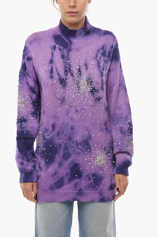 Pullover sweater modern fit-Women's Metallic Ruffle Pullovers-Des Phemmes Turtleneck Tie Dye Wool Pullover With Crystals