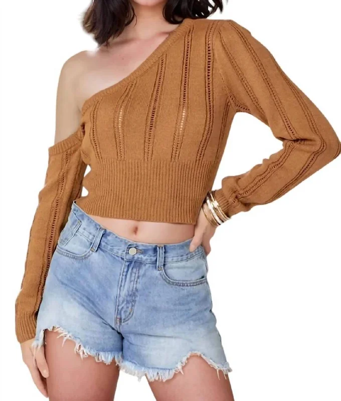 Pullover sweater for kids-Women's Button-Front Floral Pullovers-Kendra Pointelle Knit One-Shoulder Sweater Top In Toffee