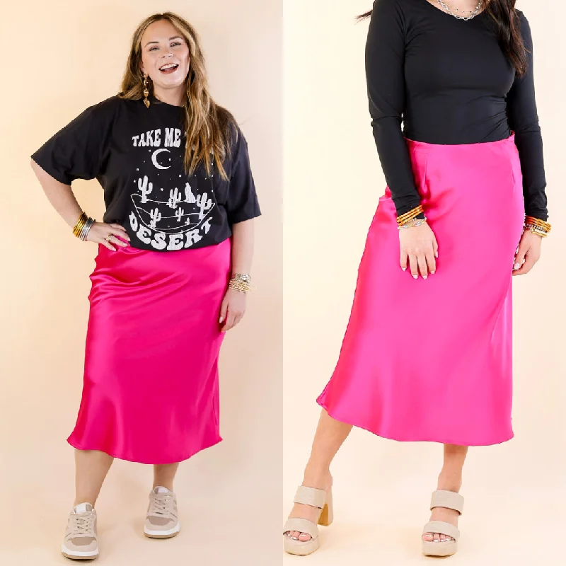 School Skirts-Women's Flared Skirts-Bubbly And Blissful Satin Midi Skirt in Fuchsia Pink