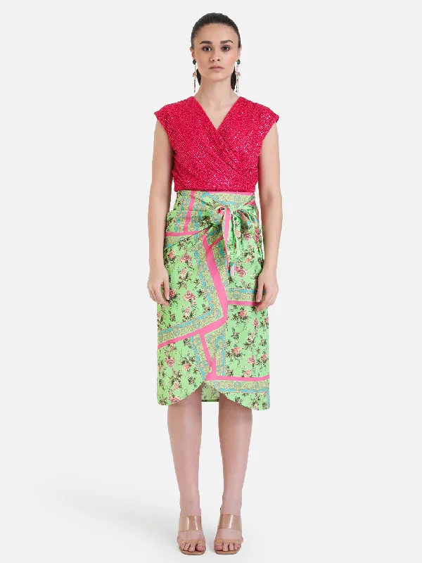 Gym Skirts-Women's Sequin Pleated Skirts-Scarf Printed Wrap Midi Skirt With Tie-Up.