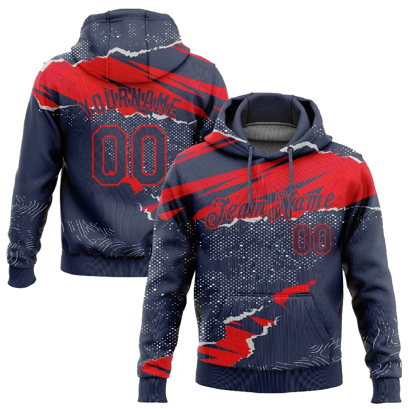 Expensive Hoodie-Women's Cold Shoulder Hoodies-Custom Stitched Navy Fire Red 3D Pattern Design Torn Paper Style Sports Pullover Sweatshirt Hoodie