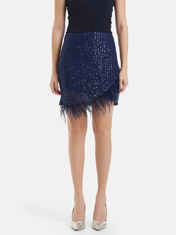 Athletic Skirts-Women's Sequin A-Line Skirts-Tulip Mini  Skirt With Feathers