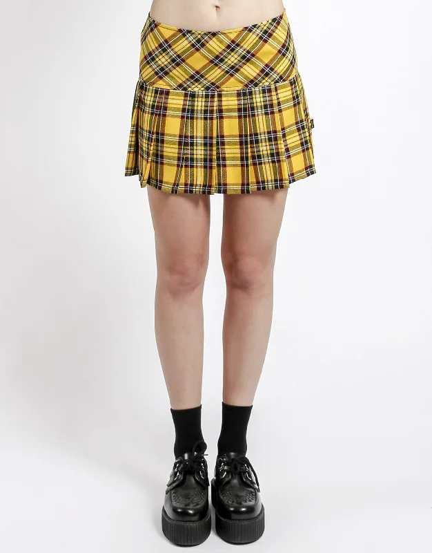 Stretchy Skirts-Women's Lace Denim Skirts-PLEATED SKIRT YELLOW PLAID