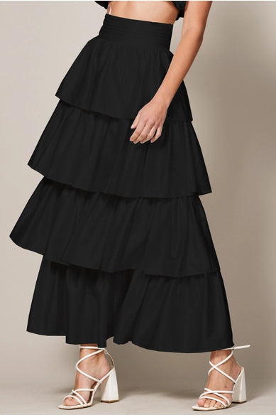 Auction Skirts-Women's Tiered Skirts-Endless Blu Tiered Black Satin Maxi Skirt