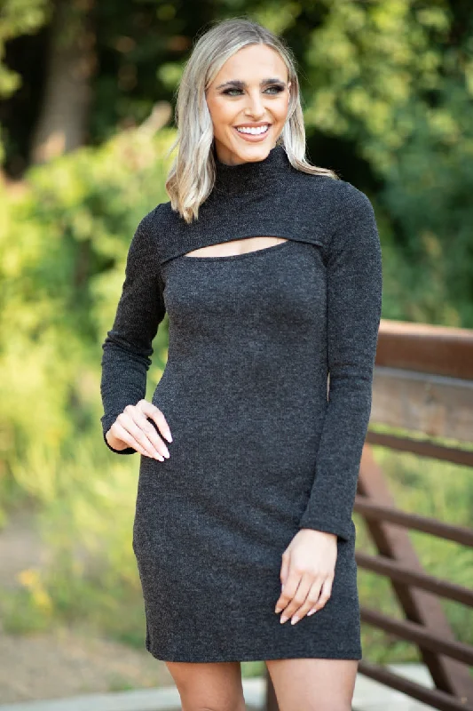 Black Rib Knit Mock Neck Dress With Cutout