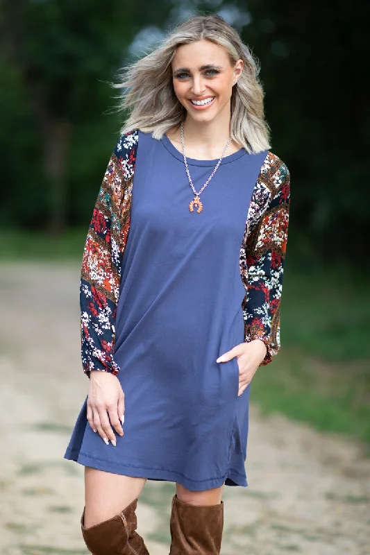 Navy Floral Print Balloon Sleeve Dress