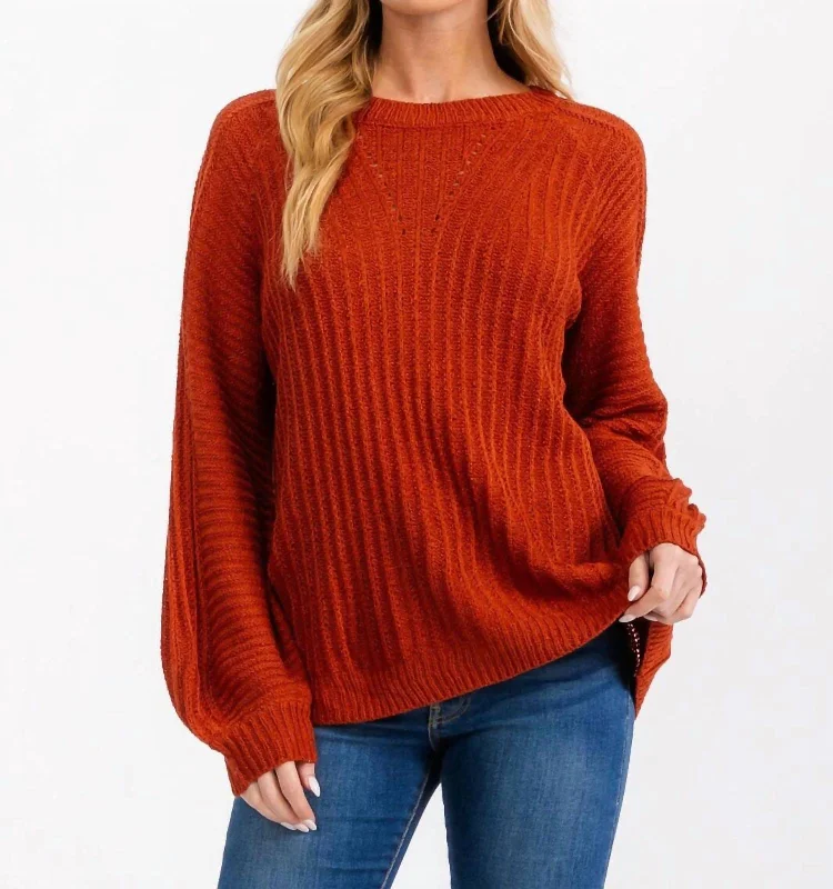 Oversized pullover sweater trend-Women's Zip-Up Pleated Pullovers-Long Balloon Sleeve Pullover In Rust