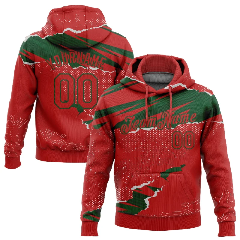 Cotton Hoodie-Women's Bohemian Hoodies-Custom Stitched Red Green 3D Pattern Design Torn Paper Style Sports Pullover Sweatshirt Hoodie