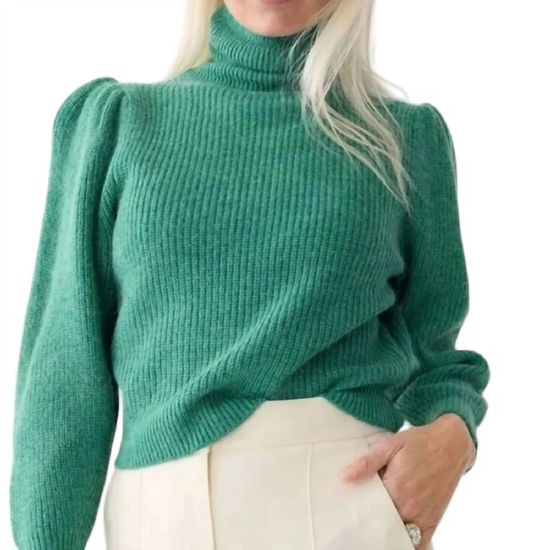 Pullover sweater with logo-Women's Belted Pullovers-Women's Cropped Puff Sleeve Sweater In Green