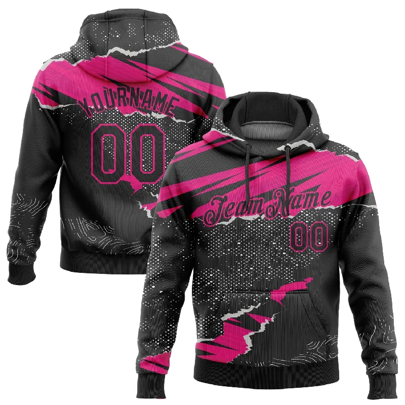 Embroidered Hoodie-Women's Couture Hoodies-Custom Stitched Black Hot Pink 3D Pattern Design Torn Paper Style Sports Pullover Sweatshirt Hoodie