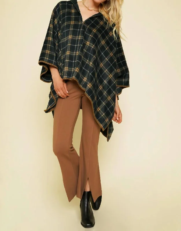 Pullover sweater office wear-Women's Cotton Pullovers-Plaid Zip-Up Poncho In Navy