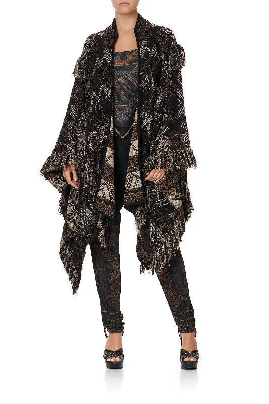 Athletic Jacket-Women's Down Jackets-HIGH NECK KNIT JACQUARD PONCHO WITH TASSELS FLIGHT OF AMUN-RA