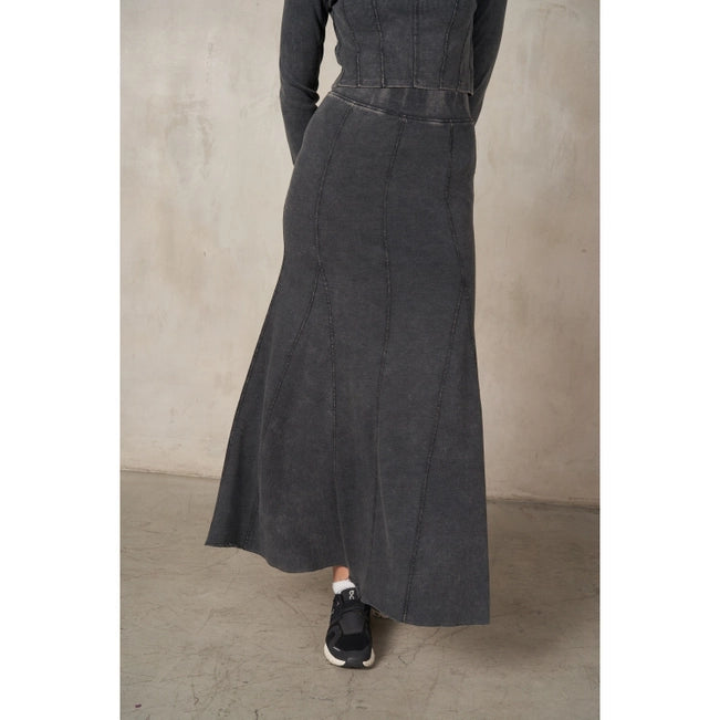 Ceremony Skirts-Women's Thermal Denim Skirts-Maronie Mineral Wash Fit & Flare Maxi Skirt | Charcoal