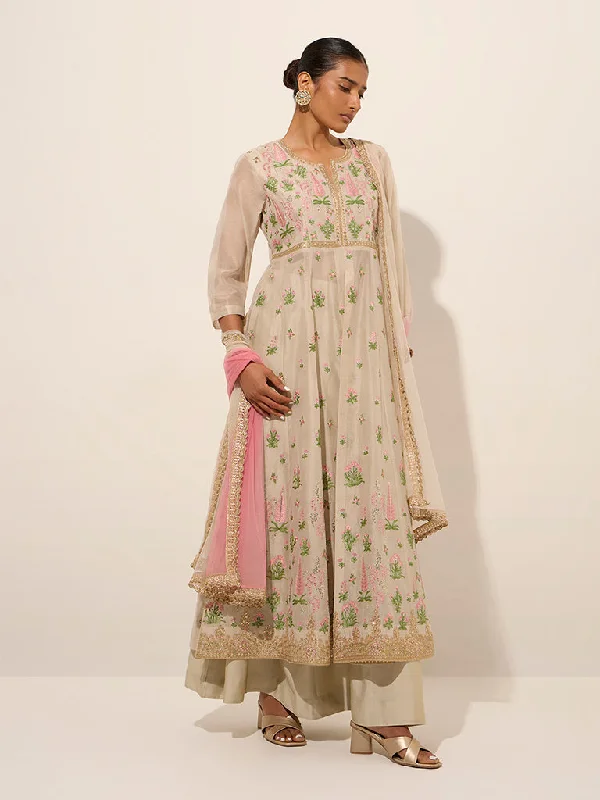 Camping Skirts-Women's Lace Pleated Skirts-Vark Beige Fit-and-Flare Kurta, Skirt and Dupatta Set