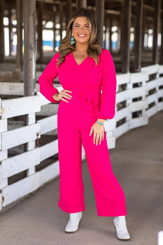 Hot Pink Long Sleeve Self Tie Waist Jumpsuit