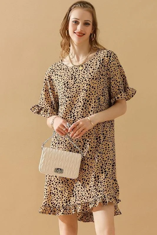 LEOPARD PRINTING RUFFLED SHORT SLEEVE DRESS