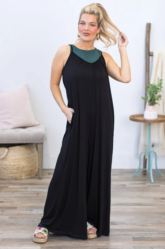 Black Adjustable Strap Flowy Jumpsuit