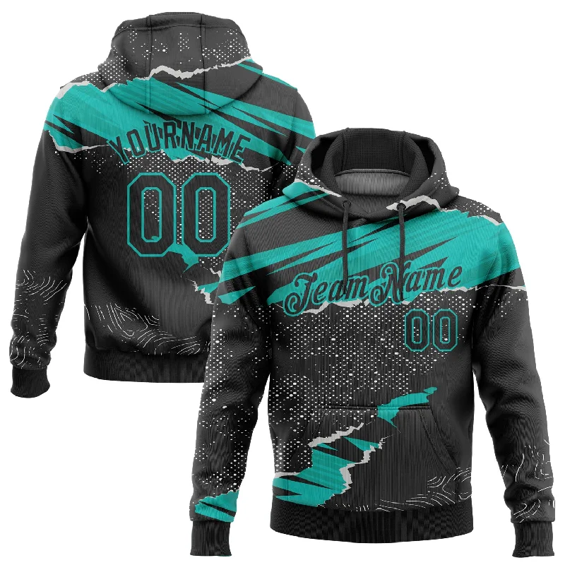 Slim Fit Hoodie-Women's Custom Fit Hoodies-Custom Stitched Black Aqua 3D Pattern Design Torn Paper Style Sports Pullover Sweatshirt Hoodie