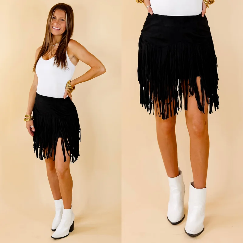 Monogrammed Skirts-Women's Glitter Denim Skirts-Pep Into Your Step Suede Fringe Skirt in Black