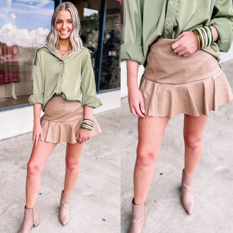 Front Slit Skirts-Women's Low-Waisted A-Line Skirts-Dose of Dreamy Faux Leather Ruffle Mini Skort in Taupe