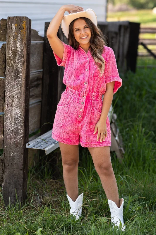 Hot Pink Washed Elastic Waist Romper