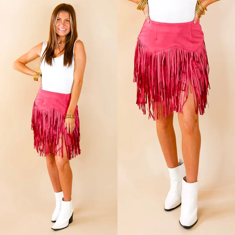 Personalized Skirts-Women's Glitter Floral Skirts-Pep Into Your Step Suede Fringe Skirt in Pink